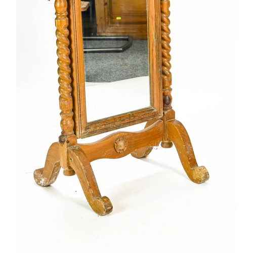117 - Pine cheval mirror with barley twist supports and carved detail to top w47 x ht.149cm