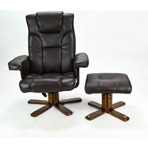 124 - Chocolate coloured leather style reclining swivel chair with matching fool stool. 