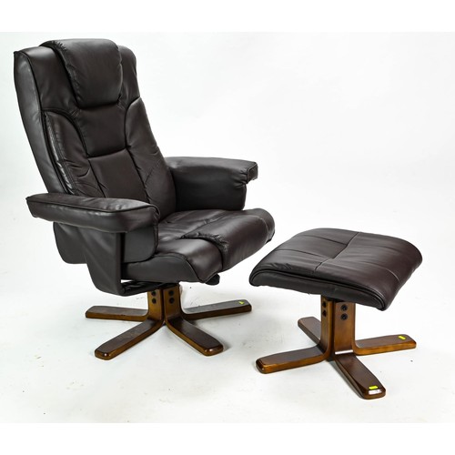 124 - Chocolate coloured leather style reclining swivel chair with matching fool stool. 