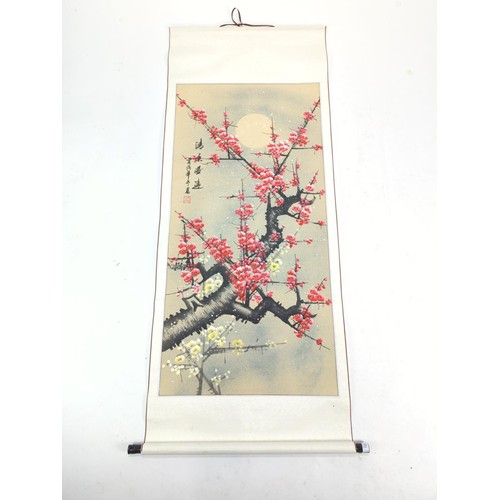 116 - Chinese scrolled painting depicting blossoming branches with calligraphy and gilt detail