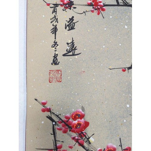 116 - Chinese scrolled painting depicting blossoming branches with calligraphy and gilt detail