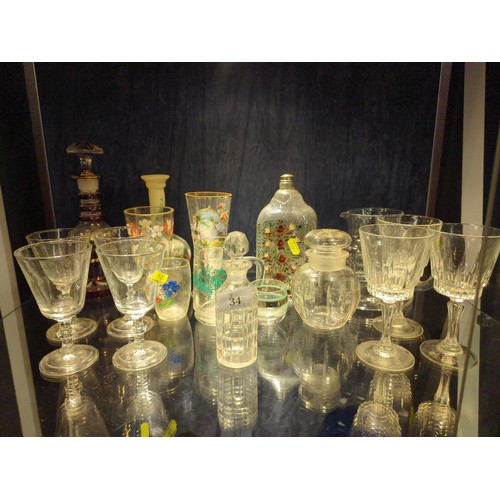 34 - Shelf of assorted glass inc. an early handpainted beer glass