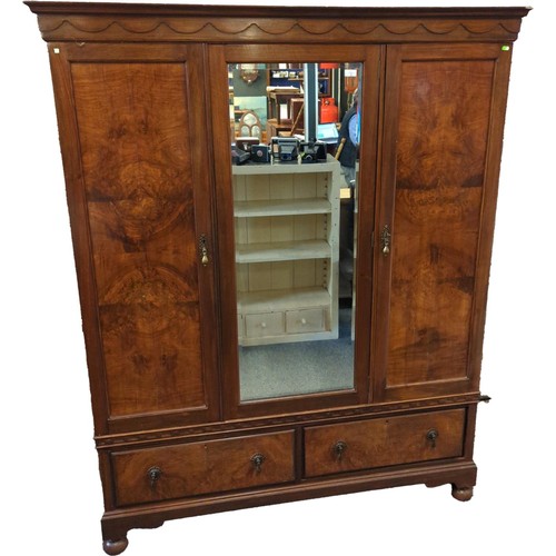 3 - Large flame mahogany gentleman's wardrobe with two large drawers to base, shelves, hanging rails and... 