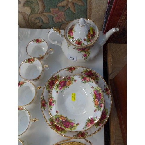 273 - Royal Albert Old Country Rose tea ware; plates, bowls, 6 cups, saucers & teapot etc.