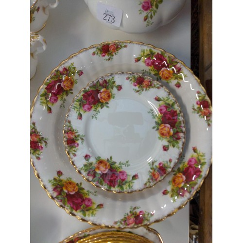 273 - Royal Albert Old Country Rose tea ware; plates, bowls, 6 cups, saucers & teapot etc.