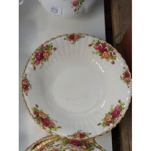 273 - Royal Albert Old Country Rose tea ware; plates, bowls, 6 cups, saucers & teapot etc.