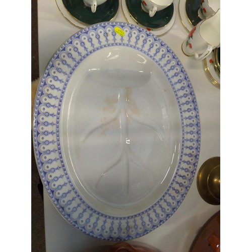 276 - Blue & white meat dish length 61 cms with a matching platter length 46cms