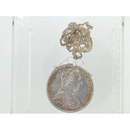 286 - Maria Theresa coin in silver mount with chain