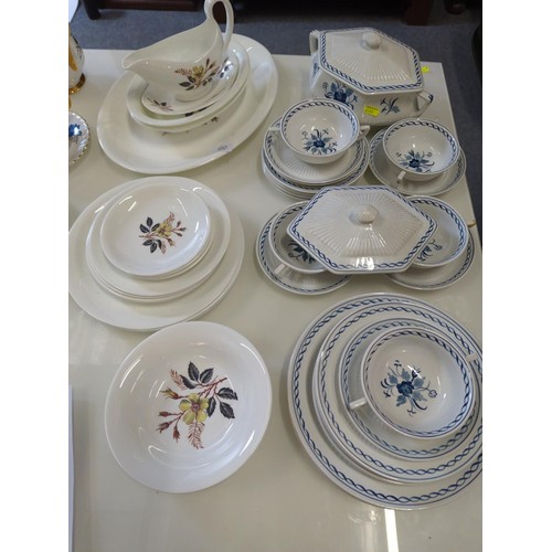 102 - Wedgwood 'yellow rose' dinner and serving ware together with Adams blue and white dinner and serving... 
