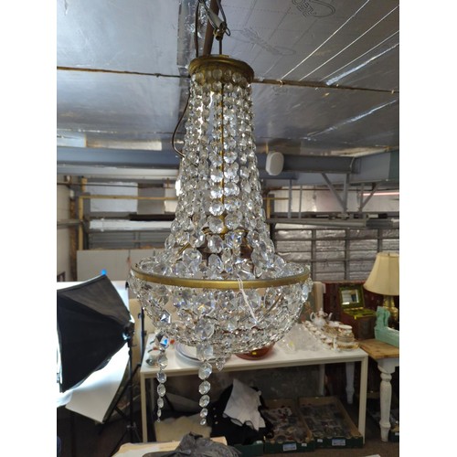 139A - Chandelier, all glass present but 3 strings need re-attaching.Diameter at widest part 32 cms, drop 5... 