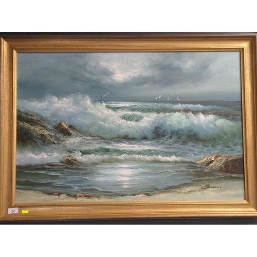 140 - Original oil painting signed bottom right Stevens, a stormy sea scape with rocks and gulls. 104 x 75... 