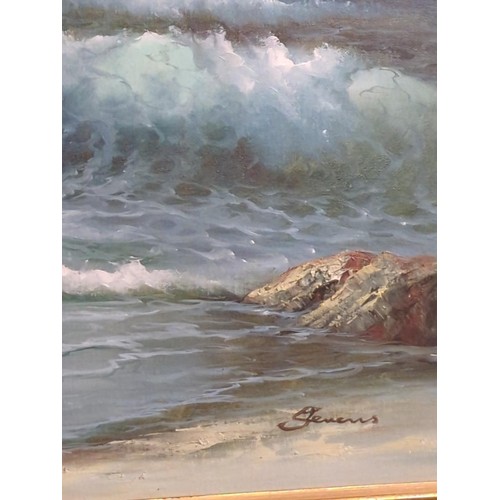 140 - Original oil painting signed bottom right Stevens, a stormy sea scape with rocks and gulls. 104 x 75... 