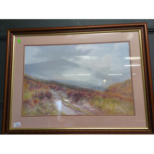 143 - F. T Widgery framed print of a moorland scene depicting hills and heather. 82 x 63 cm