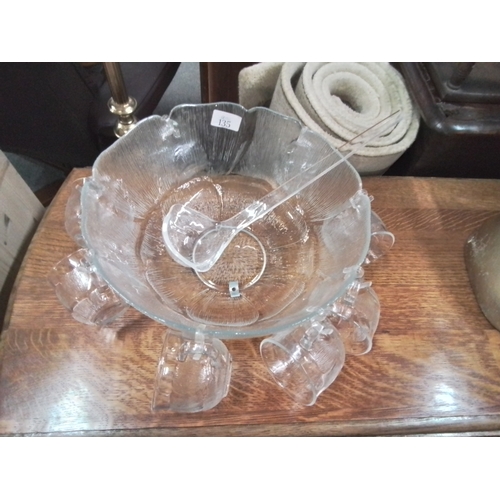 135 - Frosted glass punch bowl, 8 cups and a laddle.