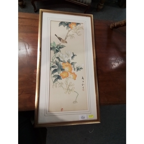 154 - Oriental silk depicting flora and bird. 60 x 31 cm