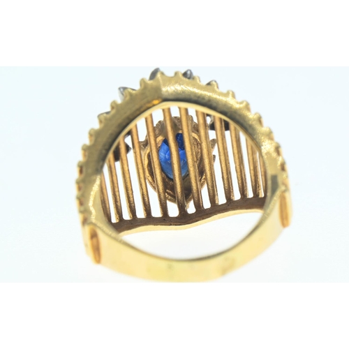 55 - 14ct gold ring (marked 14 but rubbed) set with pear shaped sapphire and a fan of small white sapphir... 