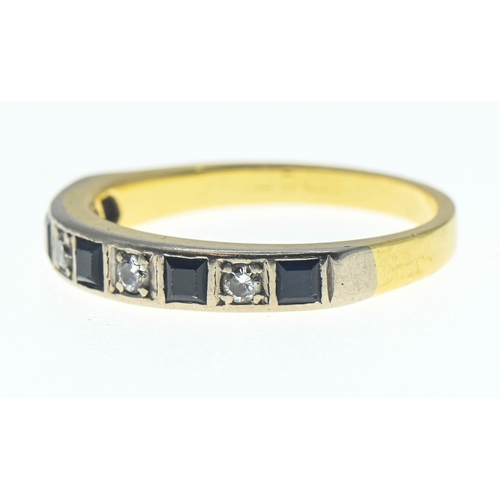 61 - 18ct gold, sapphire and diamond half hoop ring, size R 1/2, gross weight 4.74 grams