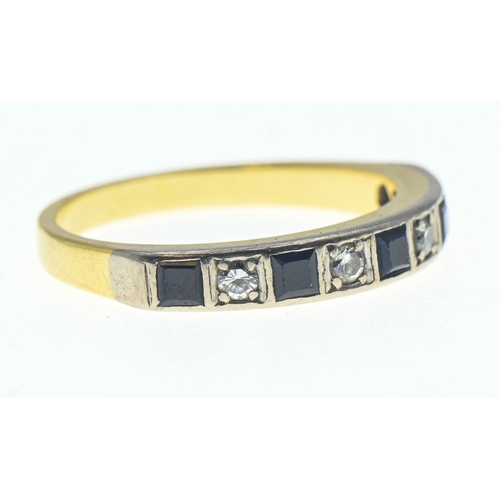 61 - 18ct gold, sapphire and diamond half hoop ring, size R 1/2, gross weight 4.74 grams