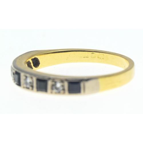 61 - 18ct gold, sapphire and diamond half hoop ring, size R 1/2, gross weight 4.74 grams