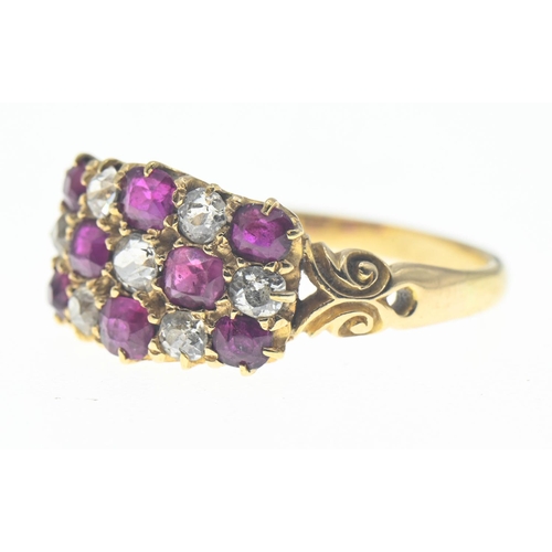 69 - Ruby and diamond cluster ring featuring old cut stones. Comprising of 8 rubies and seven diamonds. S... 