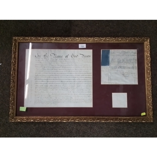 149 - Framed indenture with Charles Beare Longcroft named. 73 x 44 cm
