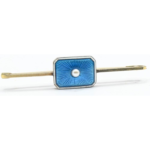 122 - 15ct gold bar brooch with a silver set enamel panel with central pearl. Gross weight 3.84g