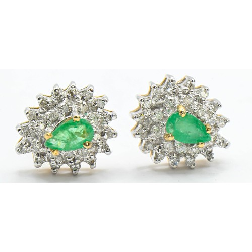 125 - Pear shaped emerald and diamond cluster earrings mounted on 9ct gold. Gross weight 1.98g