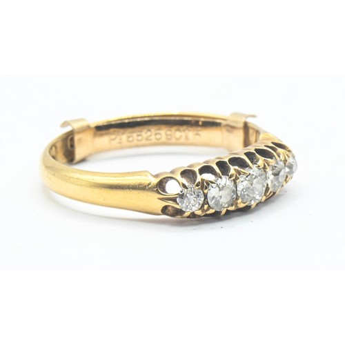 144 - 18ct gold and diamond five stone ring. With 9ct gold resize clip. Size N. Gross weight 3.16g