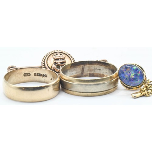 166 - 9ct gold items, including a naval pin, two bands and a synthetic opal dress stud. Gross weight 15.38... 