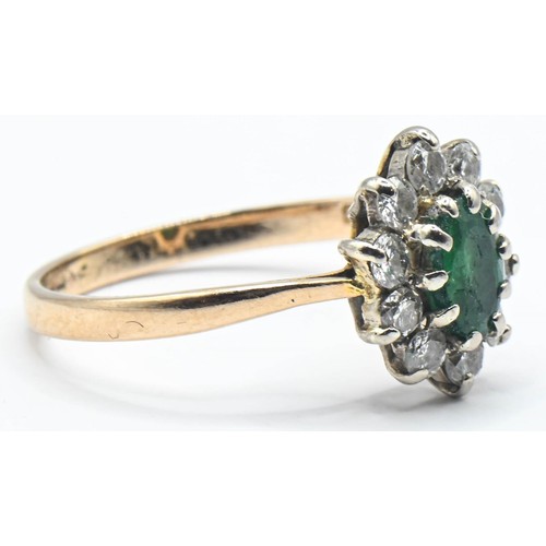 177 - Emerald and diamond cluster ring on 18ct gold, size K. Gross weight 2.25g