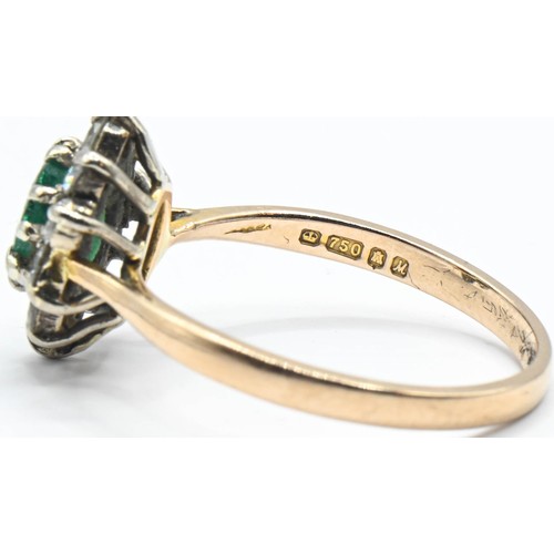 177 - Emerald and diamond cluster ring on 18ct gold, size K. Gross weight 2.25g