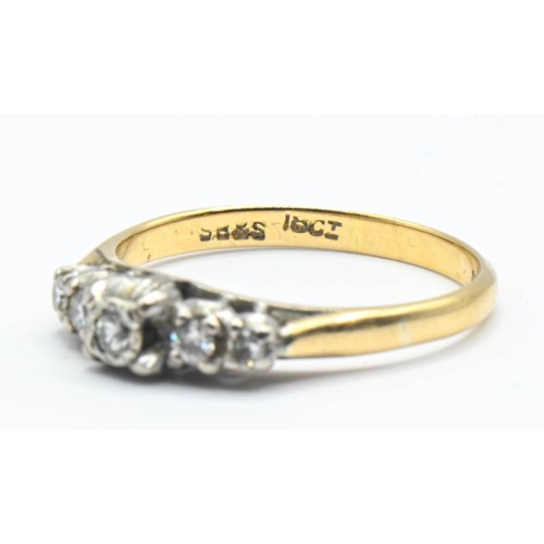 178 - Diamond five stone ring in a white metal setting on 18ct gold. Size L1/2. Gross weight 2.40g.