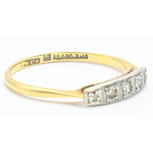 183 - Diamond set ring. Five diamonds in square millgrain white metal on 18ct yellow gold. Size O. Gross w... 