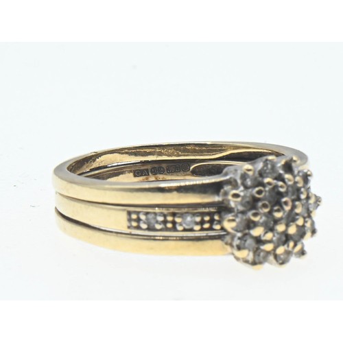 40 - 9ct gold and diamond cluster ring with split shoulder design, size J 1/2, gross weight 3.80g.