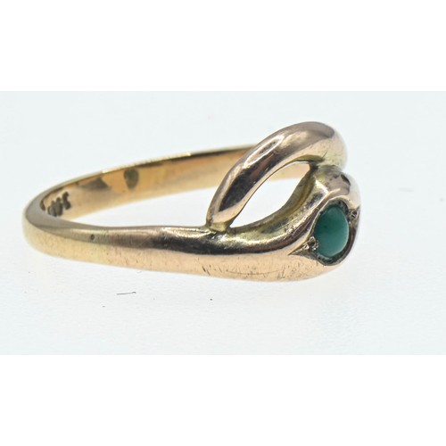 68 - 9ct gold crossover serpent ring set with green stone, size N, gross weight 2.38 grams