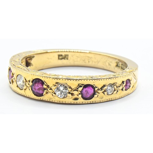 112 - 18ct gold, ruby and diamond half hoop ring, size N1/2, gross weight 5 grams