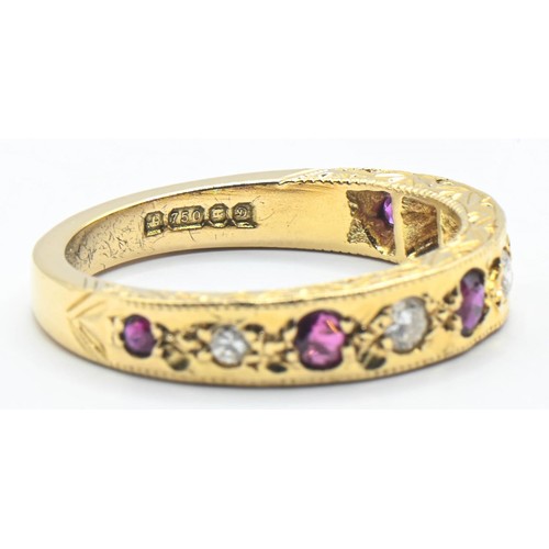 112 - 18ct gold, ruby and diamond half hoop ring, size N1/2, gross weight 5 grams