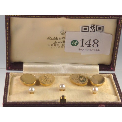 148 - Pair of 9ct gold cufflinks, hallmarked Birmingham 1958, one oval plaque engraved with initials, gros... 