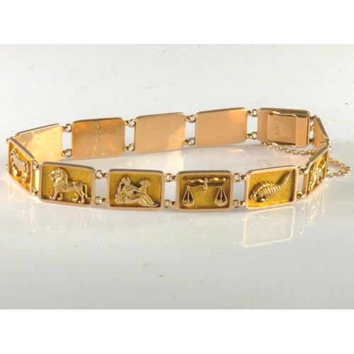 91 - 15ct gold bracelet with twelve panels each depicting a zodiac sign, gross weight 19.5 grams