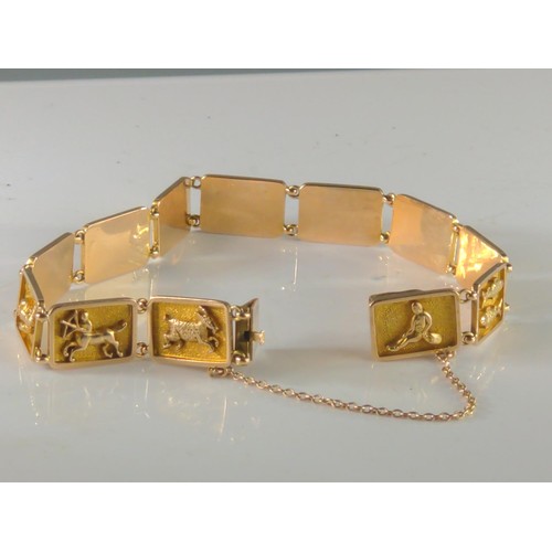 91 - 15ct gold bracelet with twelve panels each depicting a zodiac sign, gross weight 19.5 grams