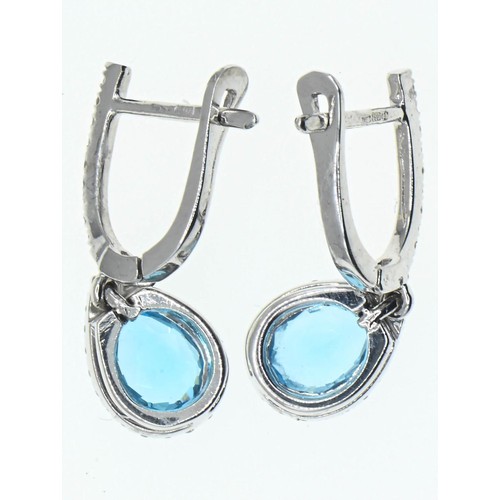 133 - Pair of 18ct white gold, topaz and diamond cluster earrings, length 22mm, gross weight 3 grams