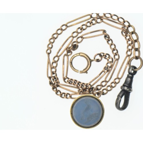 141 - 9ct gold fob chain, length 300mm with a yellow metal intaglio fob depicting a bird. Gross weight 15.... 