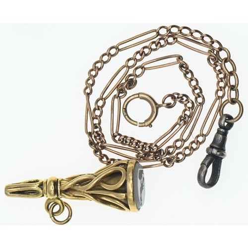 141 - 9ct gold fob chain, length 300mm with a yellow metal intaglio fob depicting a bird. Gross weight 15.... 