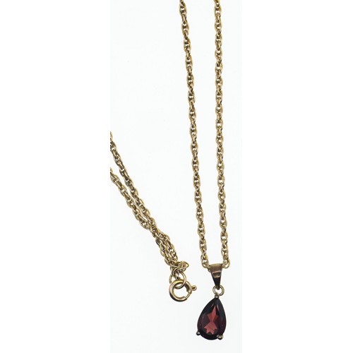 164 - 9ct gold and garnet pendant on a 9ct gold rope twist chain. Length 420mm. gross weight. 3.48g