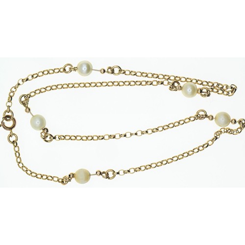 168 - 9ct gold necklace intersected with five faux pearls. length 400mm Gross weight 6.41g.