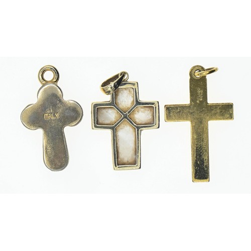 185 - 9ct gold cross set with mother-of-pearl, gross weight 2.48 grams, together with two gold plated cros... 