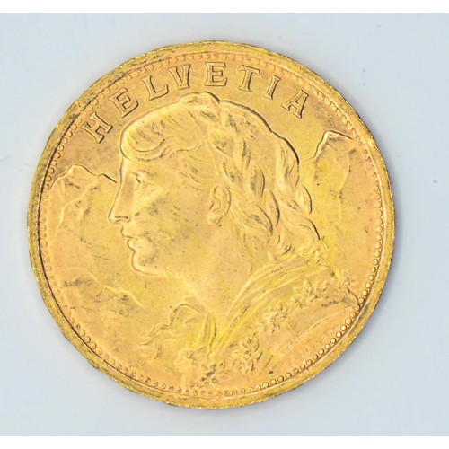 2 - Swiss 1947 20 francs gold coin, impressed mark B, 6.45 grams