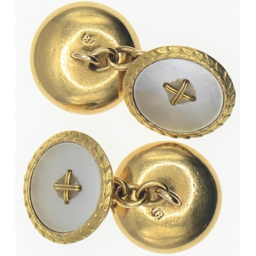 24 - Pair of 18ct gold cufflinks set with mother-of-pearl. Gross weight 8.47g