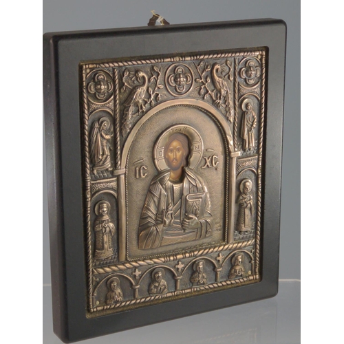 346 - Greek 925 silver mounted Byzantine style icon by Silver Tradition Art, stamped to silver, label vers... 