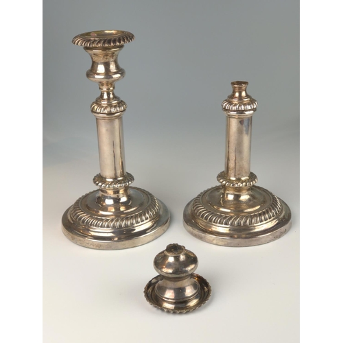 347 - Pair of George IV telescopic candlesticks, maker's mark rubbed, Sheffield 1825, with gadroon rims on... 